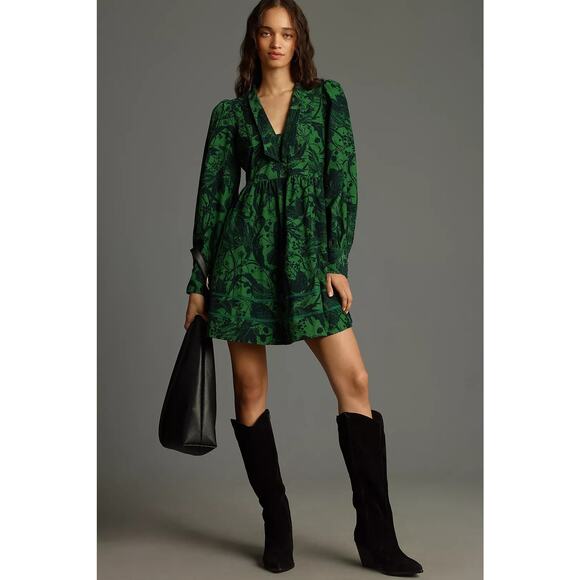 NWT Anthropologie Pilcro Long-Sleeve V-Neck Corduroy Babydoll Mini Dress  XXS 00